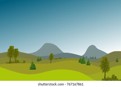Vector flat landscape with green hills and trees and blue bright sky.