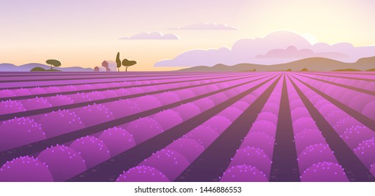 Vector flat landscape illustration of beautiful lavender field on sunrise: sky, mountains, cozy houses, lavender. For travel banner, card, touristic advertising, wedding invitation, brochure, flayer.