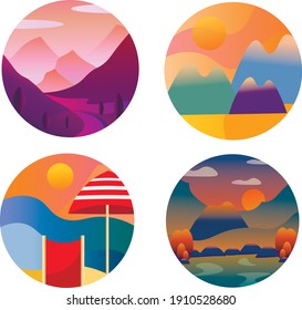 Vector flat landscape illustration of beautiful nature view: sky, mountains, water, cozy. For travel banner, card, vacation touristic advertising, brochure, flayer,logo