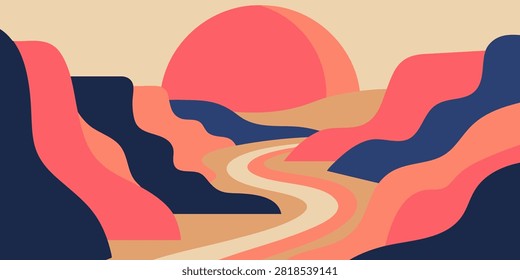 Vector flat landscape illustration featuring a winding river cutting through colorful desert canyons at sunset