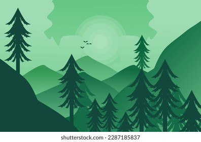 
vector flat landscape illustration of mountains with forest and flying birds