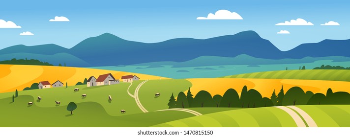 Vector flat landscape illustration of summer countryside nature view: sky, mountains, cozy village houses, cows, fields and meadows. For farm product packaging, sticker design, banner, flyer etc.