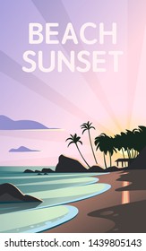 Vector flat landscape illustration of wild nature summer sunset on beach view with sky, sea coast, ocean, palm trees. For travel banners, cards, vacation and touristic advertising, brochures, flayer.
