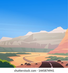 Vector flat landscape illustration of wild west desert & mountain canyon nature view with clean blue sky sky. For travel banner, 