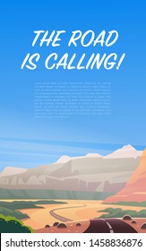 Vector flat landscape illustration of wild west desert & mountain canyon nature view with clean blue sky sky. For travel banner, card, vacation touristic advertising, brochure, flayer, web background.