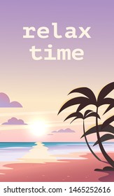 Vector flat landscape illustration of wild nature summer sunset on beach view with sky, sea coast, ocean, palm trees. For travel banners, cards, vacation and touristic advertising, brochures, flayer.