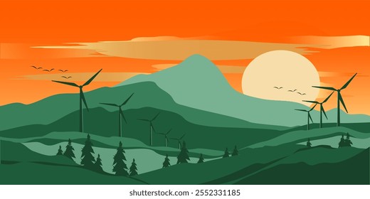 Ilustración de paisaje plano de Vector, Elementos de molino de viento como medio de producir energía renovable