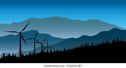 Ilustración de paisaje plano de Vector, Elementos de molino de viento como medio de producir energía renovable