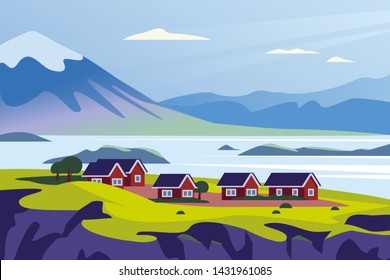 Vector flat landscape minimalistic illustration of wild nordic nature view: sky, mountains, water, cozy houses on sea coast. For travel banner, card, vacation touristic advertising, brochure, flayer.