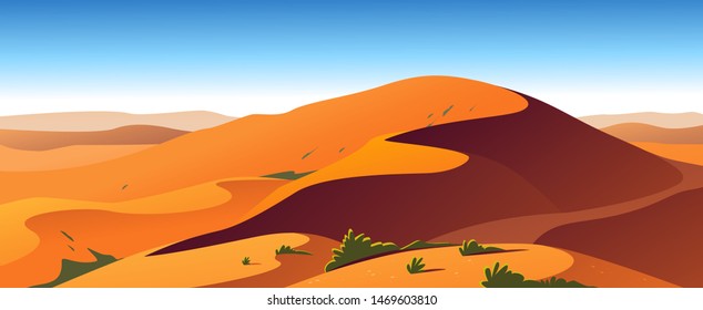 Vector flat landscape minimalistic illustration of hot desert nature view: sky, dunes, sand, plants. Good for travel banner, card, vacation touristic advertising, brochure, flayer etc.