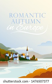 Vector flat landscape minimalistic illustration of wild autumn European cozy town, seacoast, mountain nature view, sky, water. For travel banner, card, vacation touristic advertising, brochure, flayer