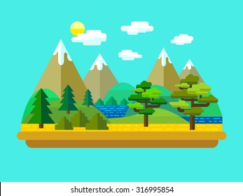 Vector flat landscape with mountains, forest and lake.