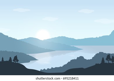 Vector flat landscape panorama mountains forest and river view with morning or sun set in blue tone,travel and camping concept