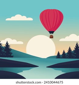 Vector flat landscape with river and hot air balloon.
