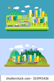 Vector flat landscapes with mountains and forest, hills, road, cars, skyscrapers, balloon