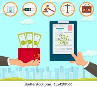 Vector Flat Law Company Maintains Documents Tax Form. Paid Hand with Red Purse Dollar. Court Building Book Constitution Gavel Makes Decision in Favor Accused Scales Portfolio Brown. Help Customers.