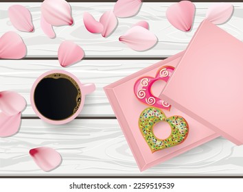 Vector plano yacía la vida de una taza rosa de café negro y una caja de buñuelos con forma de corazón sobre la mesa blanca de madera con pétalos rosados