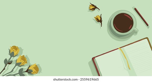 Vector flat lay still life of a cup of black coffee, flowers, notebook, pencil