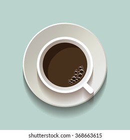 Vector flat lay style coffee cup icon, top view on blue background