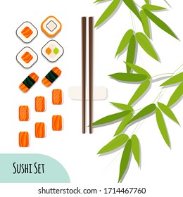 vector flat lay style food, japanies sea food, rolls with salmon, bamboo leafs, chopstickes