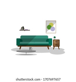 Vector flat lay style, Simple living room with long sofa, side table, coffee table and bookshelf create new modern for decorative.