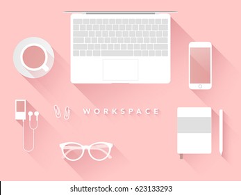 Vector flat lay, top view office table desk frame. Feminine desk workspace with laptop, phone, coffee, diary, pencil, glasses and player on pink background.