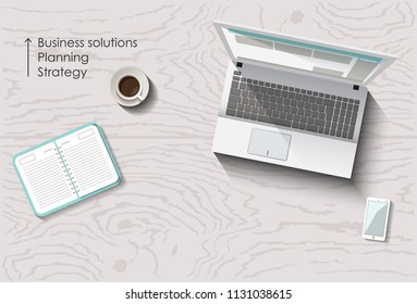 Vector flat lay workspace, table with laptop and smartphone, business concept