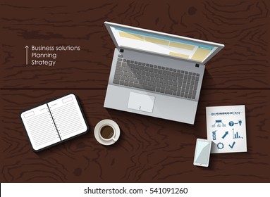 Vector flat lay workspace, table with laptop and smartphone, business concept