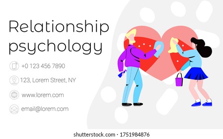 Vector flat layout, business card template for family psychologist, or relationship. Young woman, man are shown cleaning dust from large abstract heart. Concept divorce, reconciliation, quarrels.