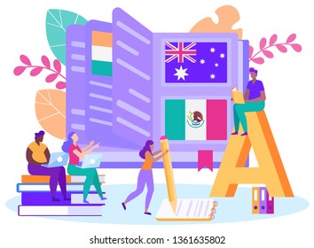 Vector Flat Learning Foreign Languages Remotely. Young People, Boys and Girls take Language Courses on Distance Learning. International Certified Education. Cartoon Flat Illustration.