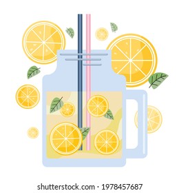 Vector flat lemonade illustration for prints. Fresh lemonade in a jar with lemon slices.