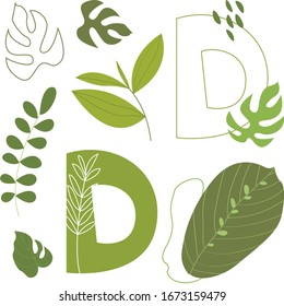 Vector flat letter D. Abstract set with green letter and tropical leaves, isolated on white. Perfect for ecology design, logo, icon, poster, sticker, print, card