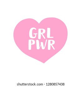 Vector flat lettering grl pwr on pink heart isolated on white 