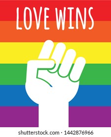 Vector flat  lgbt pride white fist and love wins lettering poster isolated rainbow flag background