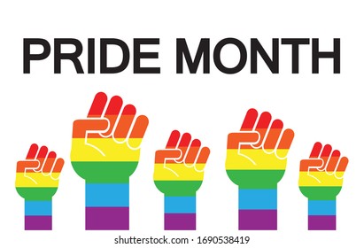 Vector flat lgbt rainbow flag fists with pride month lettering text isolated on white background