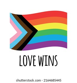 Vector flat lgbt rainbow flag with love wins lettering isolated on white background