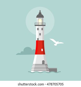 Vector flat lighthouse. Cartoon landscape. Searchlight towers for maritime navigational guidance