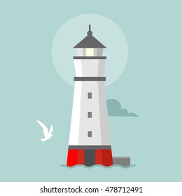 Vector flat lighthouse. Cartoon landscape. Searchlight towers for maritime navigational guidance