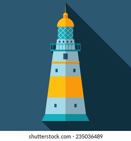 Vector flat lighthouse icon with long shadow. Eps10