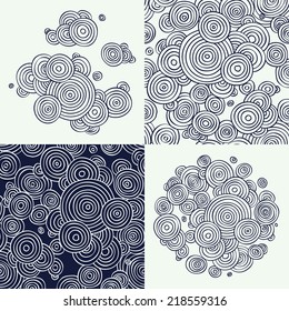 Vector flat line abstract hand drawn circles design zentangle elements and seamless patterns set, dark blue and white | Ornamental and decorative circle clouds drawings and patterns  