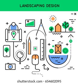 Vector Flat Line Abstract Process Illustration Of Landscaping Design, Beautification, Territory Planning. Concept For Website Header Banner Layout, Presentation. 