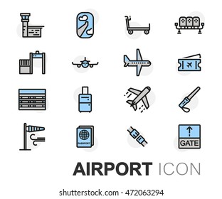 Vector flat line airport icons set on white background