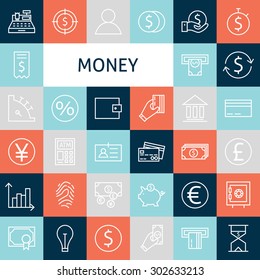 Vector Flat Line Art Modern Money and Finance Icons Set. Banking Icons Set over Colorful Tile. Vector Set of 36 Business Concept and Office Life Modern Line Icons for Web and Mobile. Bank and Banking.