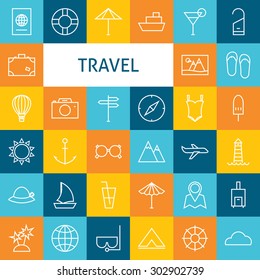 Vector Flat Line Art Modern Travel Vacation and Resort Icons Set. Business Travel Icons Set over Colorful Tile. Vector Set of 36 Summer Holidays and Tropic  Modern Line Icons for Web and Mobile