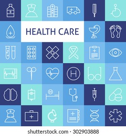 Vector Flat Line Art Modern Healthcare and Medicine Icons Set. Medical and Health Care Icons Set over Colorful Tile. Vector Set of 36 Healthy Lifestyle Modern Line Icons for Web and Mobile