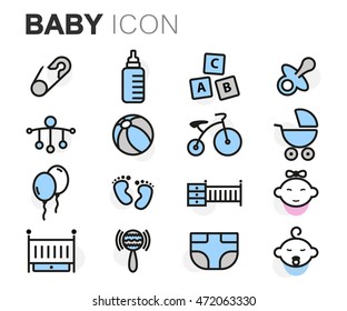 Iconos de bebé de línea plana del vector establecidos en fondo blanco