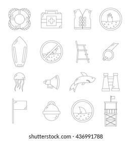 Vector flat line beach lifeguard beach objects: buoy, shark, medusa, lifebuoy, life vest, whistle. Line vector lifeguard icons. Emergence, survival, security beach nautical objects. Summer line icons