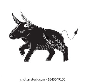 Vector flat line bull, with herbal ornament. Symbol of new 2021 year, isolated on white background