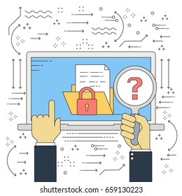 Vector flat line businessman hand with magnifying glass unknown folder data with red key lock malware ransomware virus attack. Vector illustration cybercrime and cyber security concept.