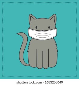 Vector flat line cartoon grey cat in medical mask on bright blue background